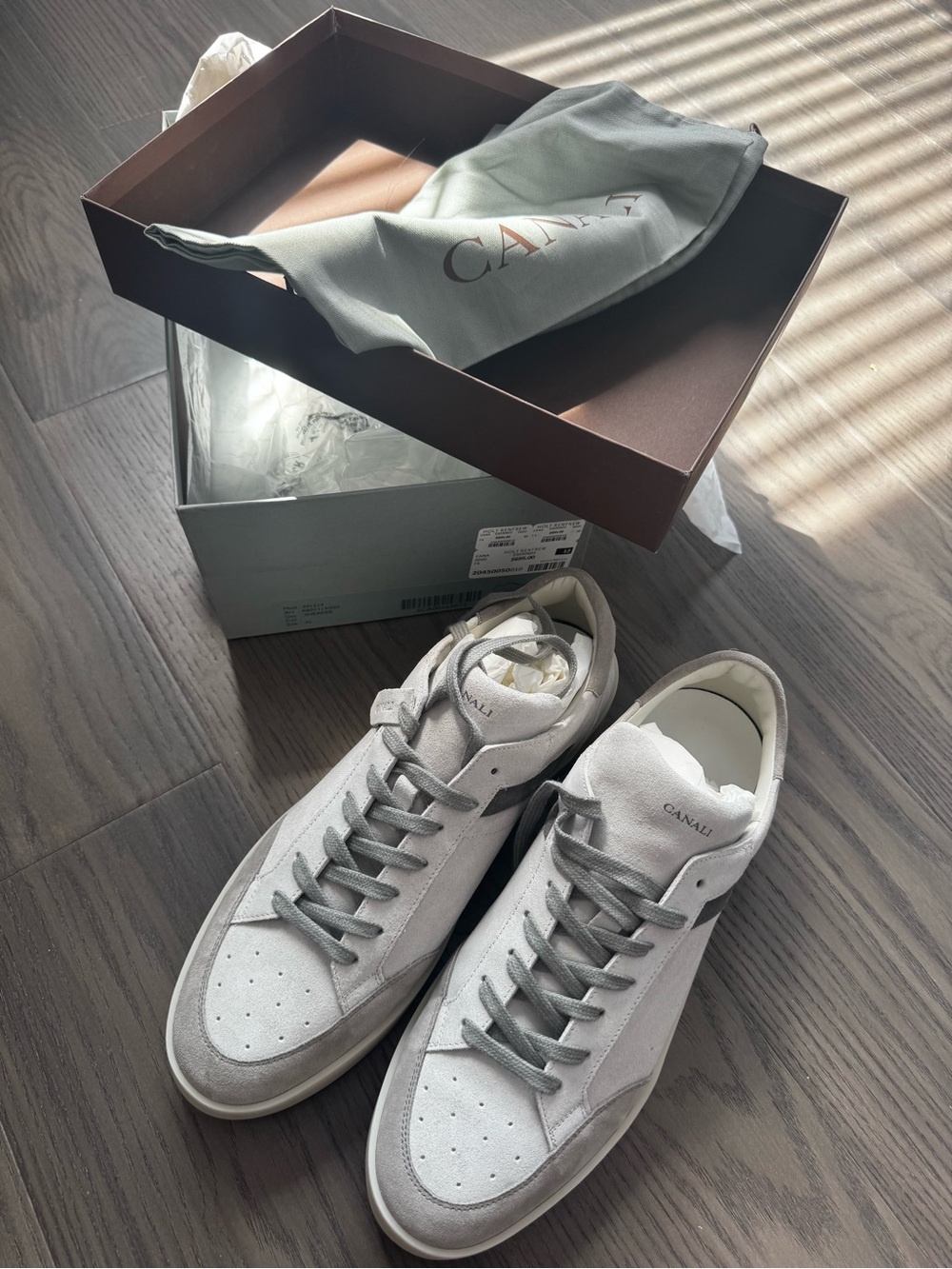 CANALI Men's White & Light Gray Suede Low-Top Sneakers BRAND NEW！